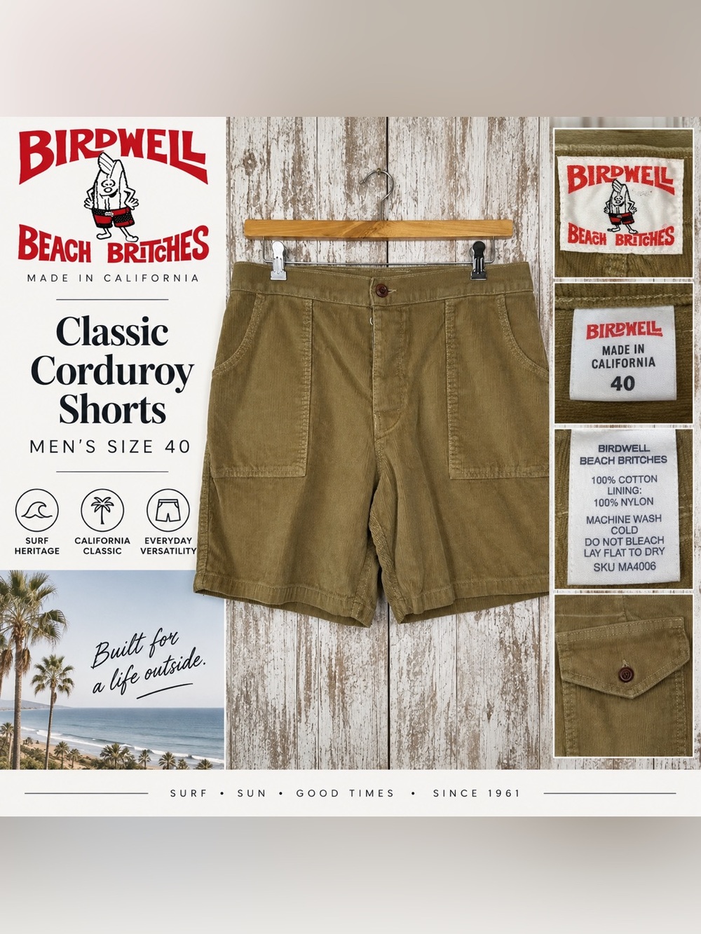 Birdwell Beach Britches Corduroy Shorts Men’s Size 40 Brown Made in California
